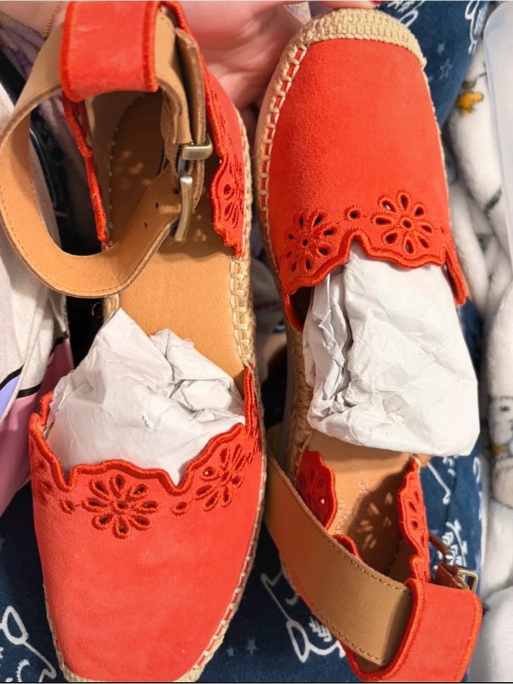 Women’s Red Suede Espadrille Sandals with Floral Cutwork